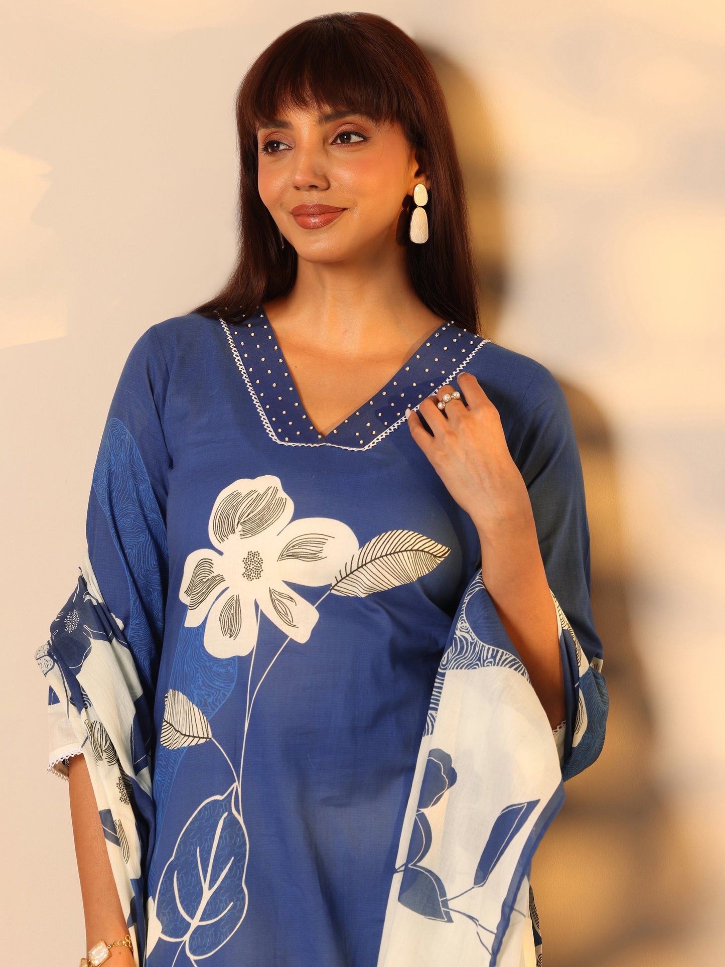 Blue Printed Cotton Straight Suit Set With Dupatta