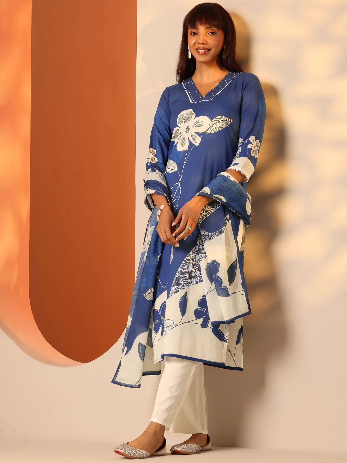 Blue Printed Cotton Straight Suit Set With Dupatta