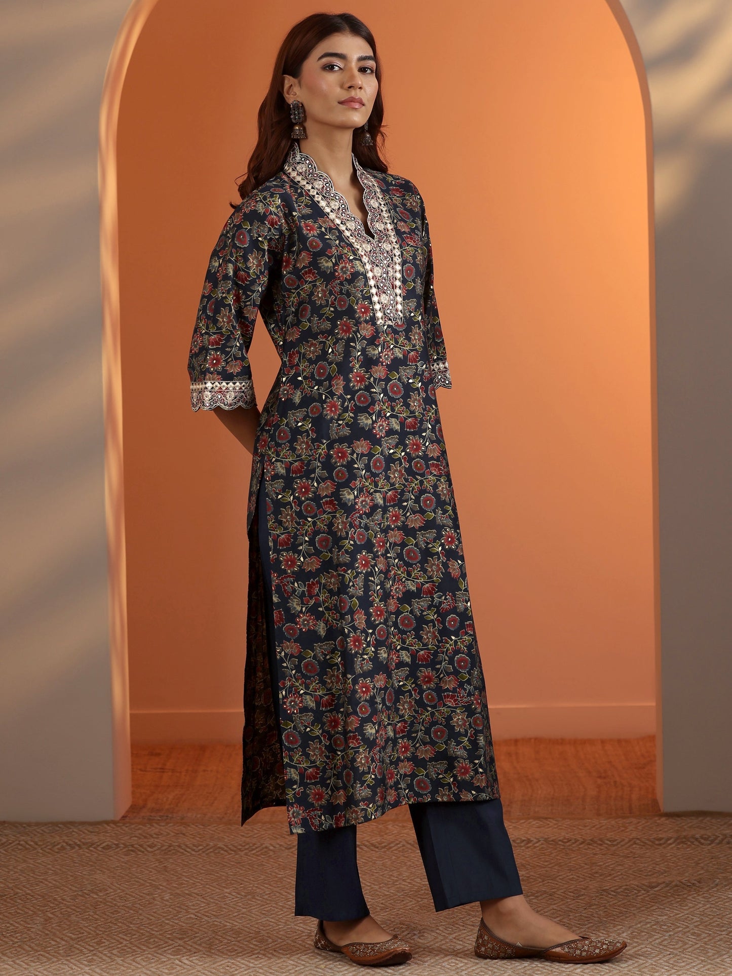 Blue Printed Silk Blend Straight Suit Set With Dupatta