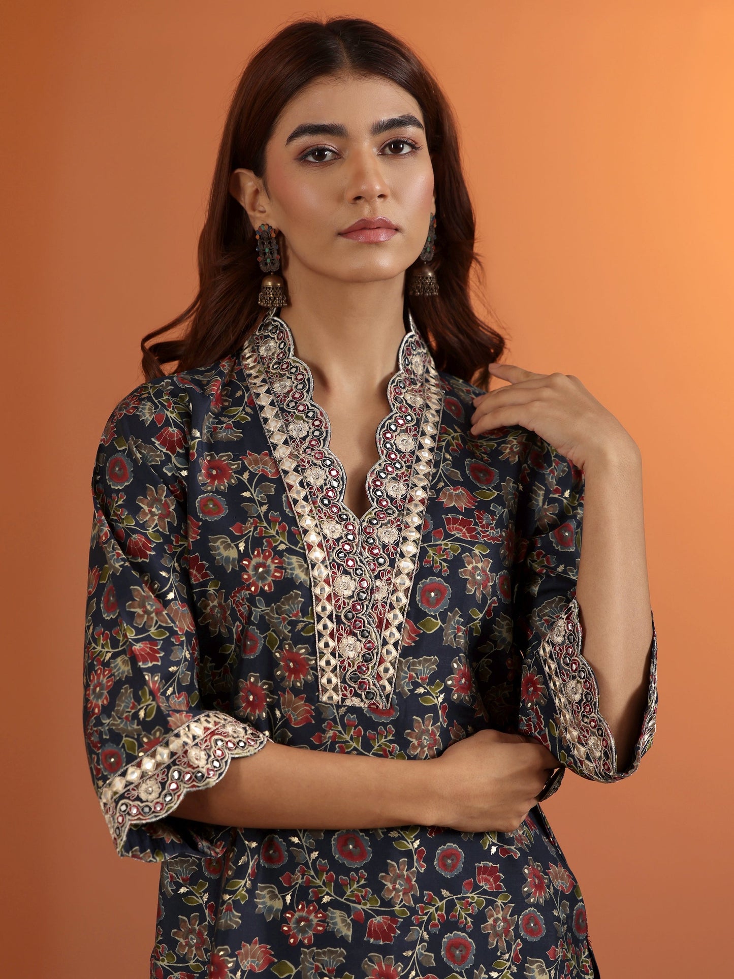 Blue Printed Silk Blend Straight Suit Set With Dupatta