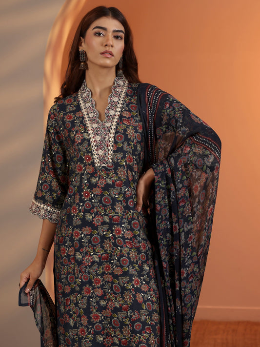 Blue Printed Silk Blend Straight Suit Set With Dupatta