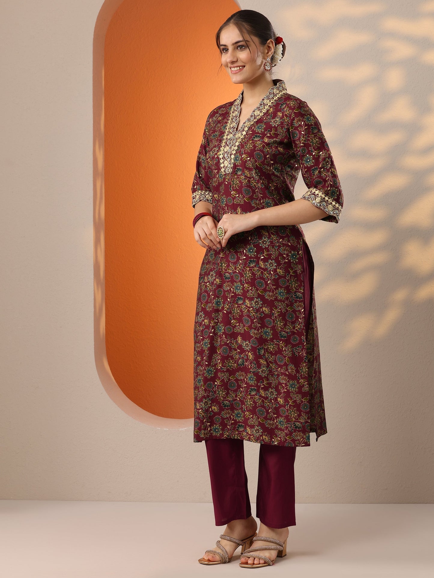 Maroon Printed Silk Blend Straight Suit Set With Dupatta