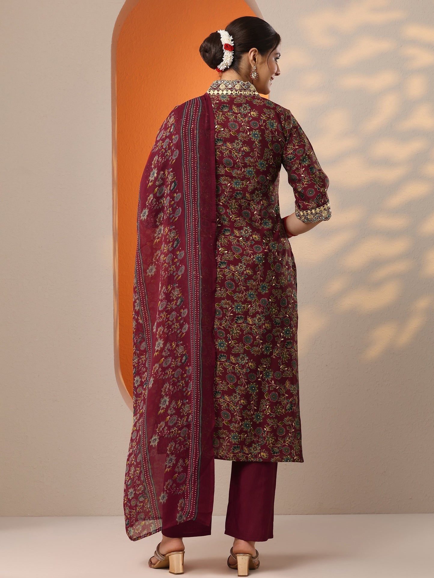 Maroon Printed Silk Blend Straight Suit Set With Dupatta