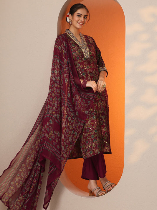 Maroon Printed Silk Blend Straight Suit Set With Dupatta