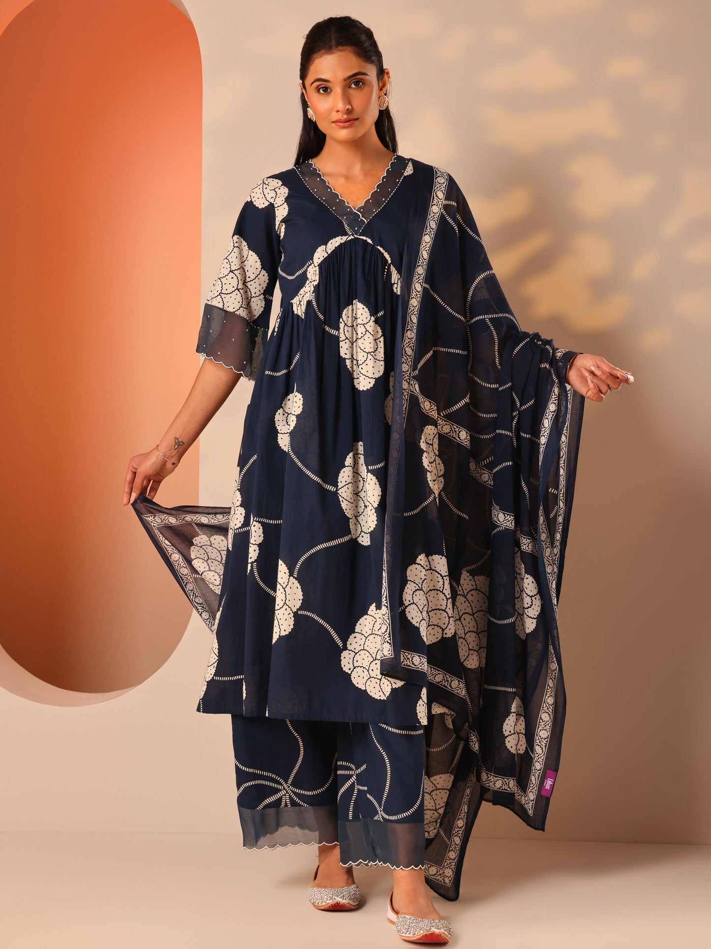 Blue Printed Cotton A-Line Suit Set With Dupatta