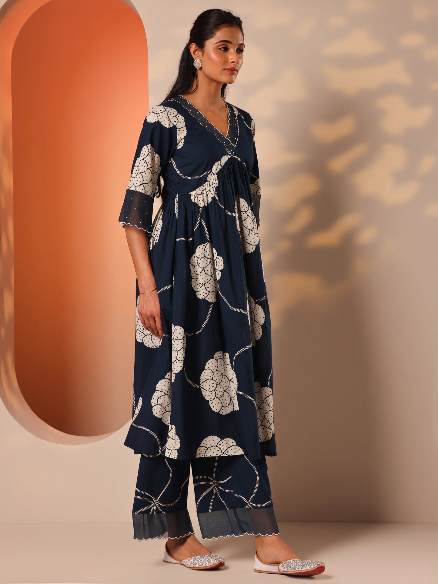 Blue Printed Cotton A-Line Suit Set With Dupatta