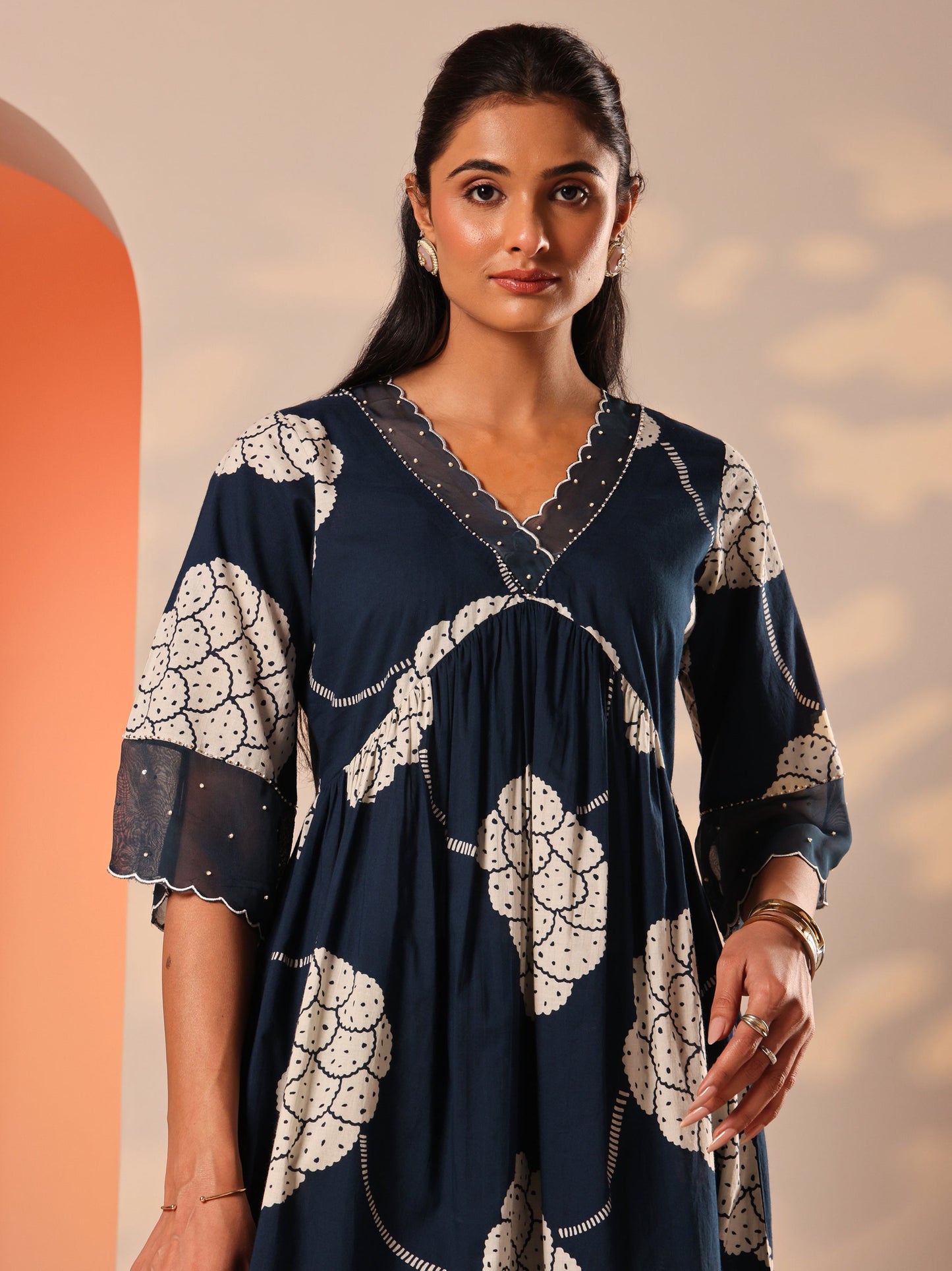Blue Printed Cotton A-Line Suit Set With Dupatta