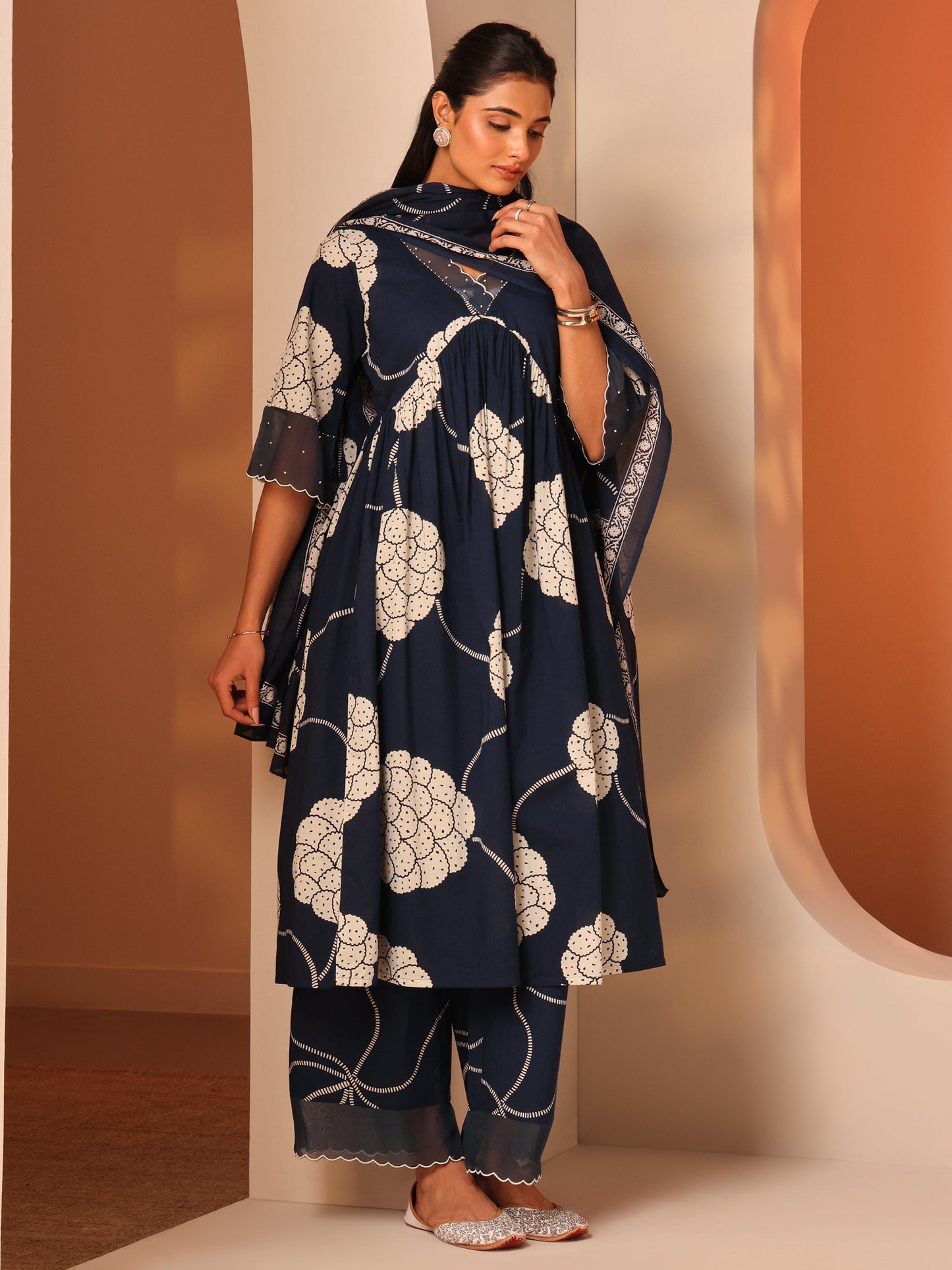 Blue Printed Cotton A-Line Suit Set With Dupatta
