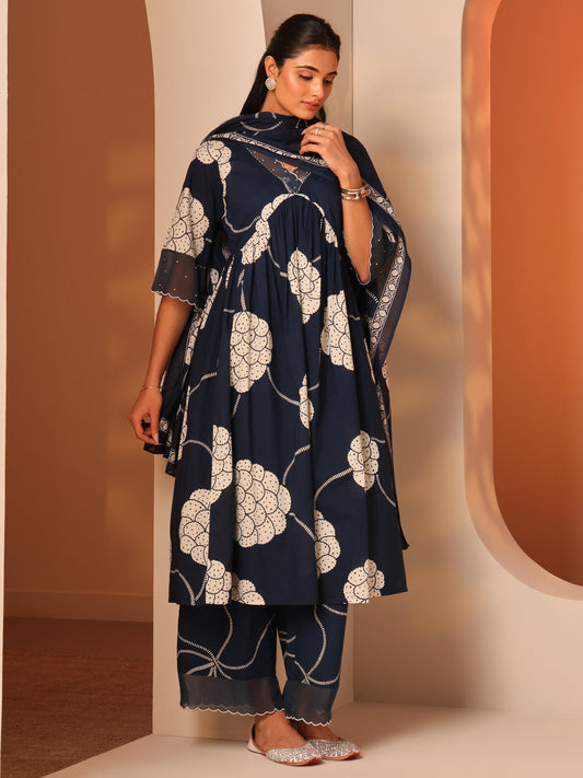 Blue Printed Cotton A-Line Suit Set With Dupatta