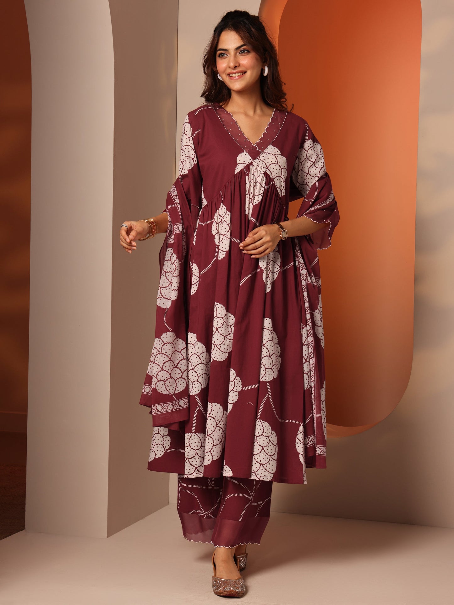 Maroon Printed Cotton A-Line Suit Set With Dupatta