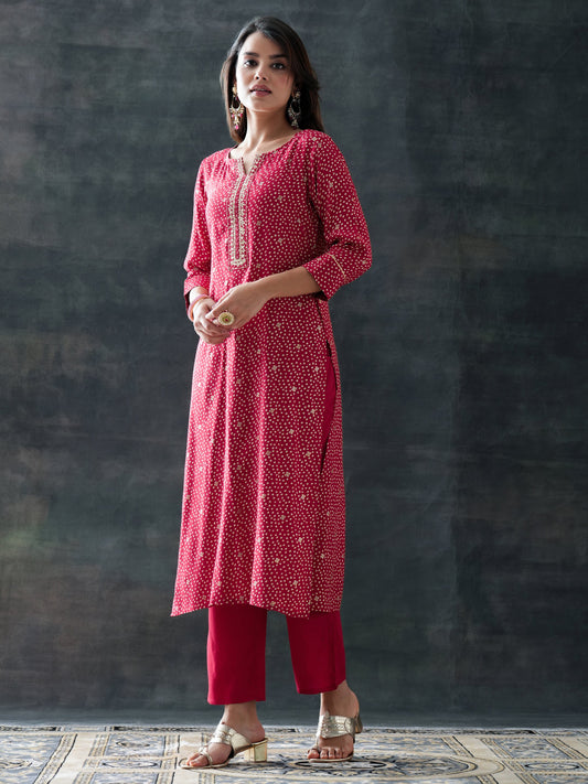 Maroon Printed Silk Blend Straight Suit Set With Dupatta