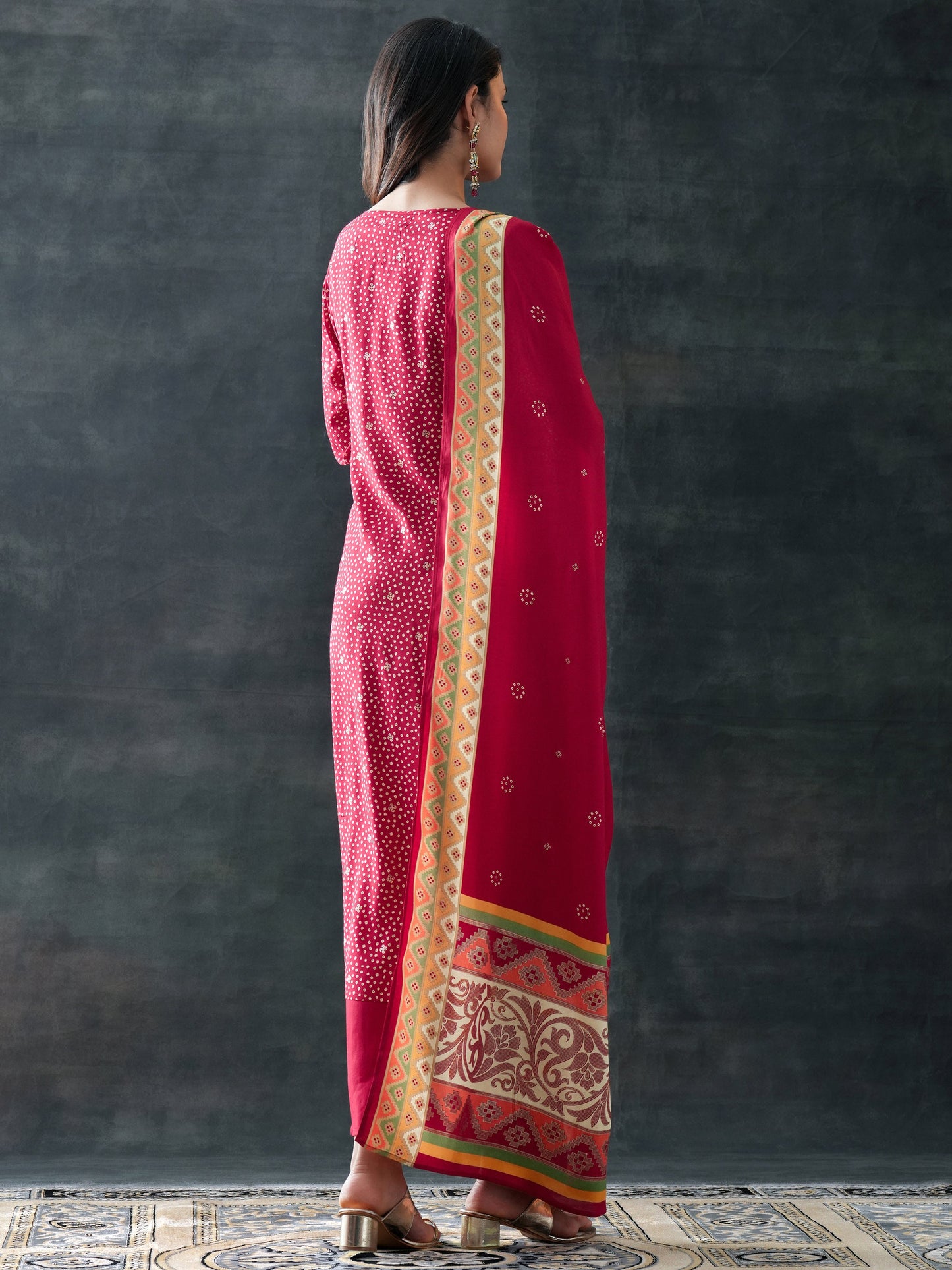 Maroon Printed Silk Blend Straight Suit Set With Dupatta