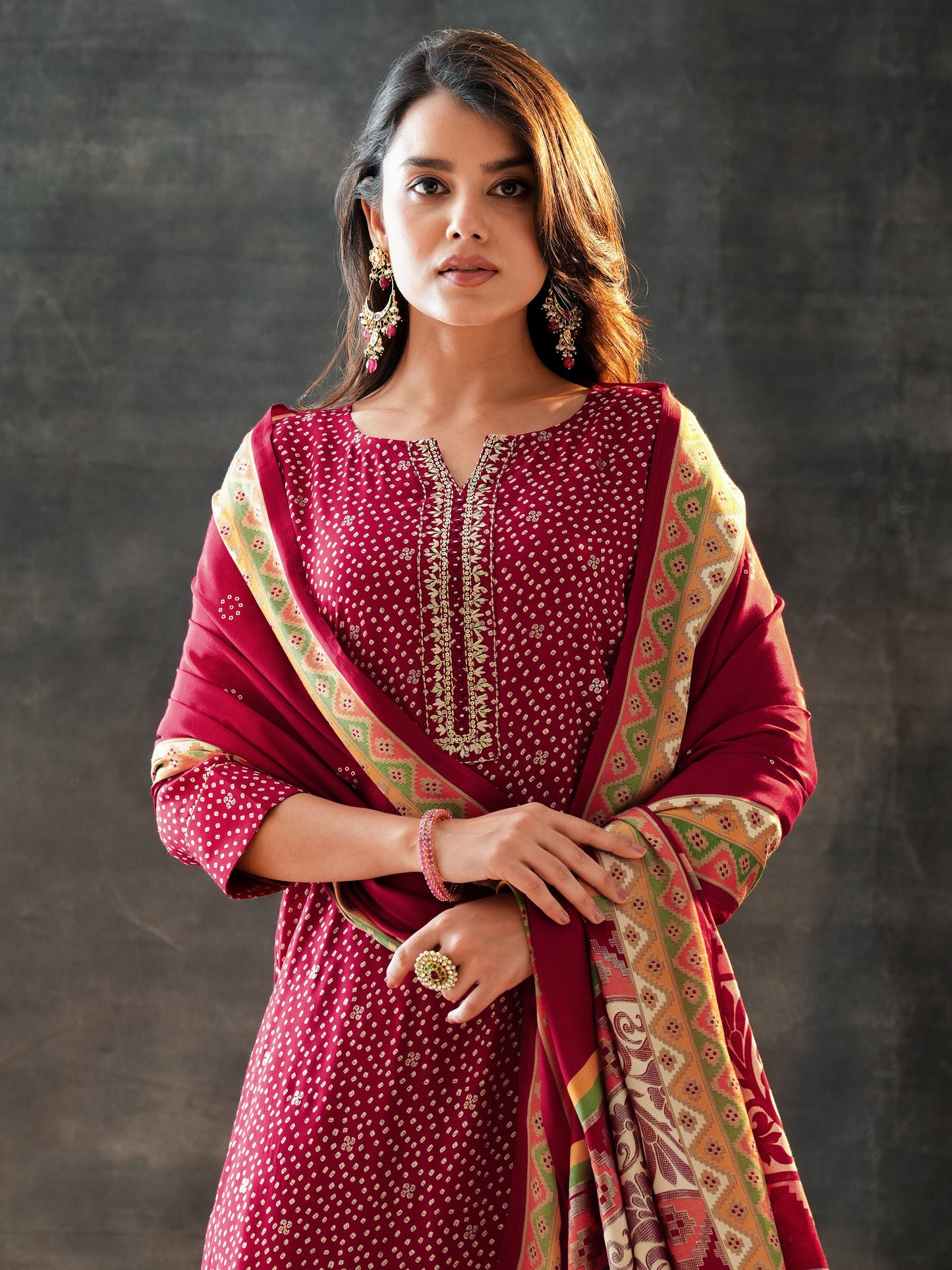 Maroon Printed Silk Blend Straight Suit Set With Dupatta