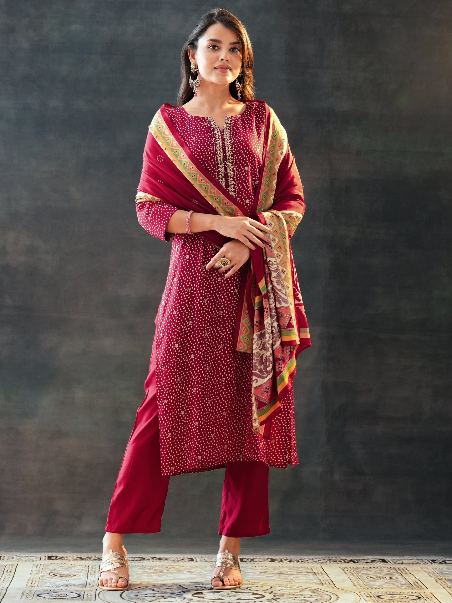 Maroon Printed Silk Blend Straight Suit Set With Dupatta