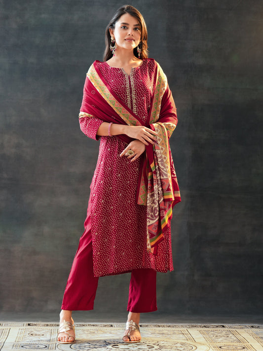 Maroon Printed Silk Blend Straight Suit Set With Dupatta