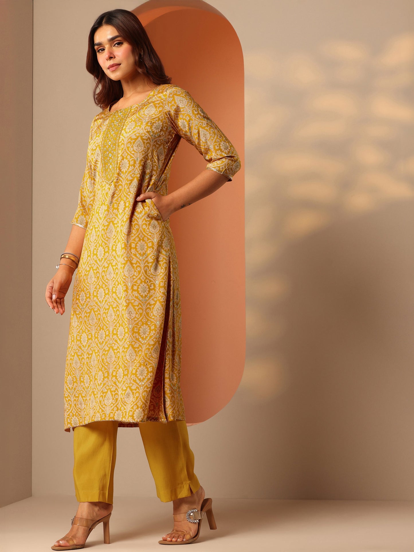Mustard Printed Silk Blend Straight Suit Set With Dupatta