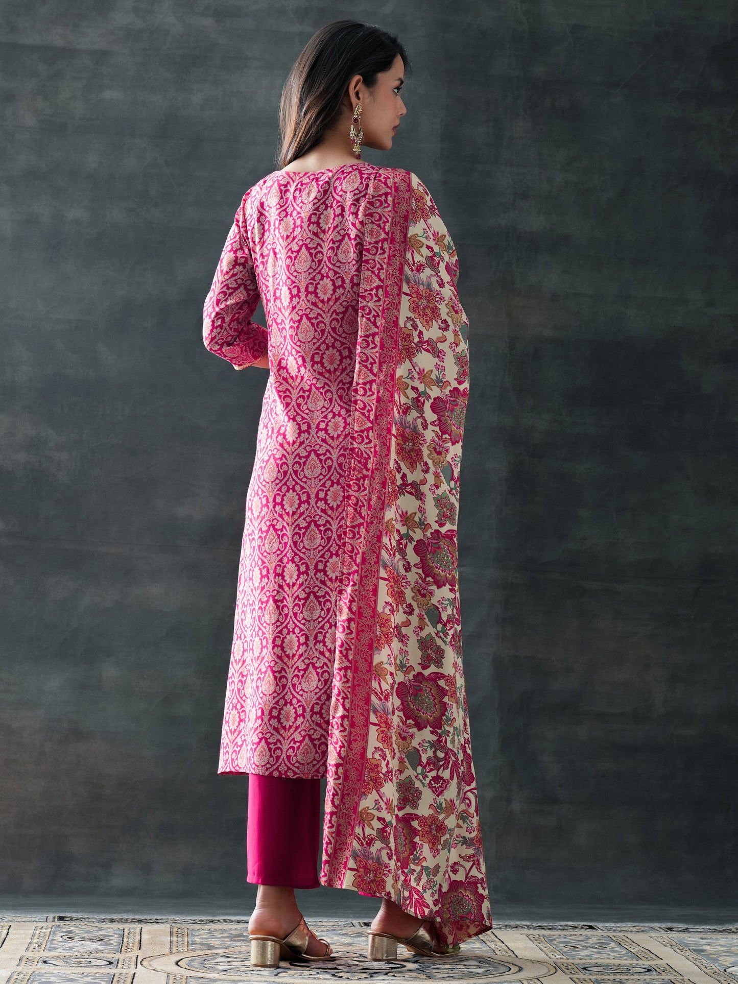 Pink Printed Silk Blend Straight Suit Set With Dupatta