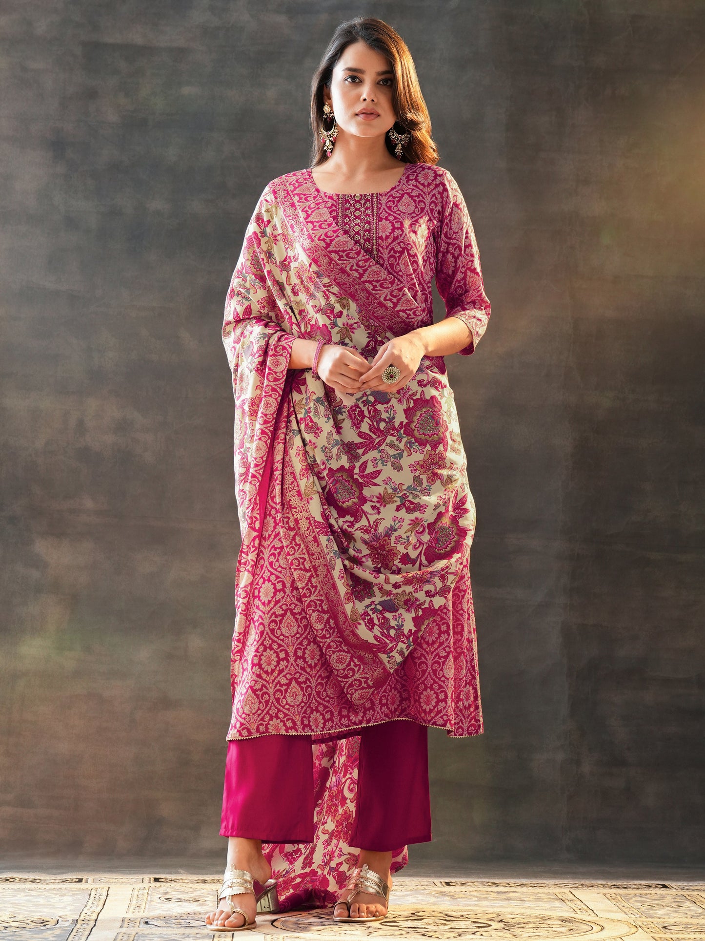 Pink Printed Silk Blend Straight Suit Set With Dupatta