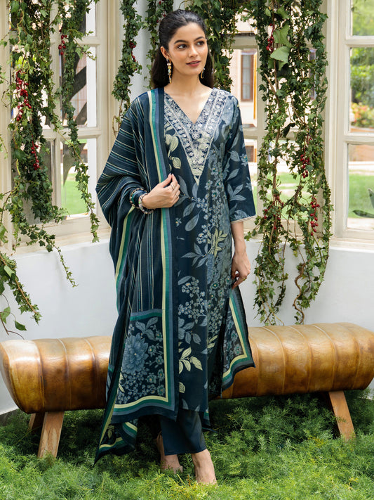 Blue Printed Silk Blend Straight Suit Set With Dupatta