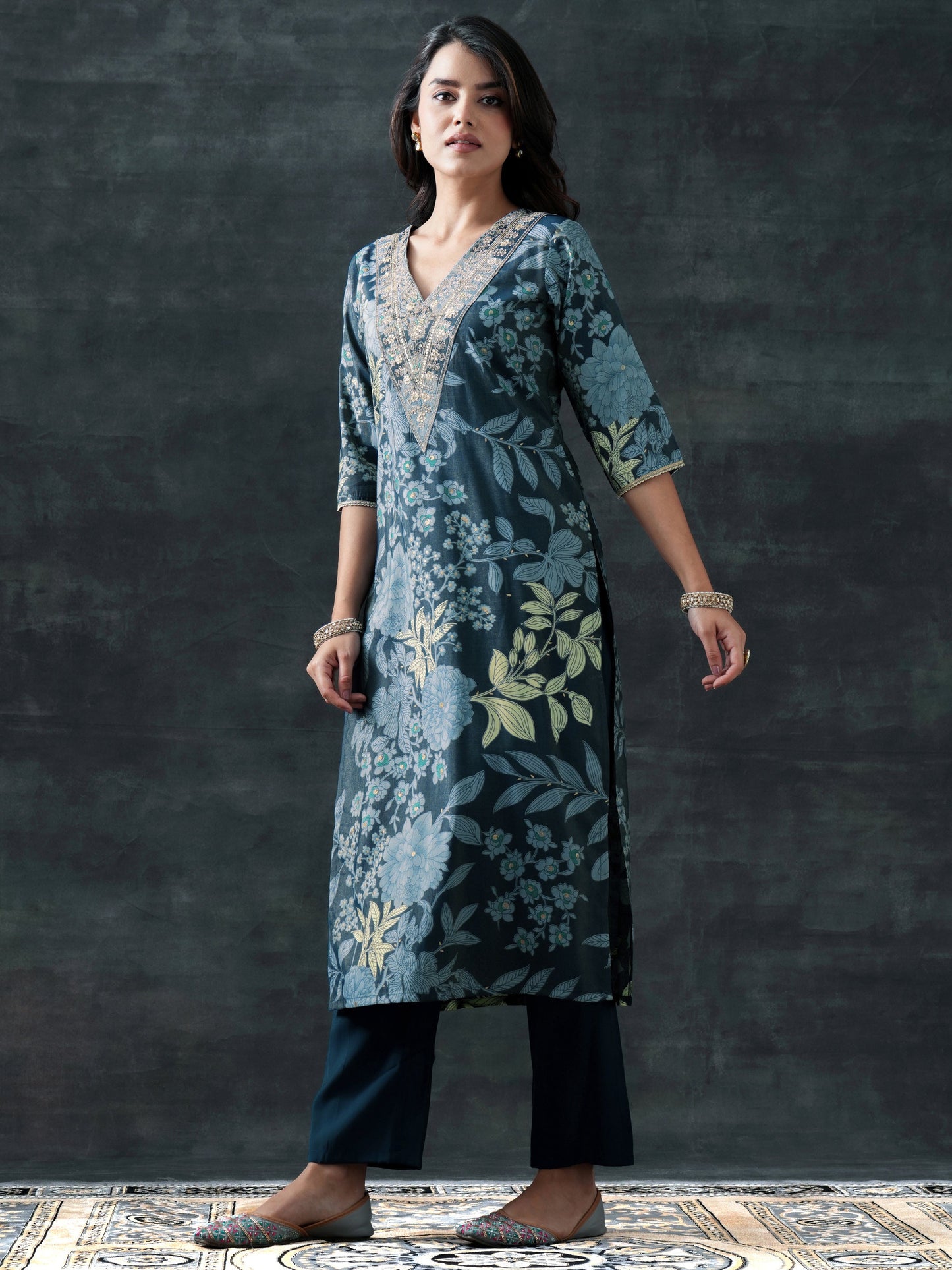 Blue Printed Silk Blend Straight Suit Set With Dupatta
