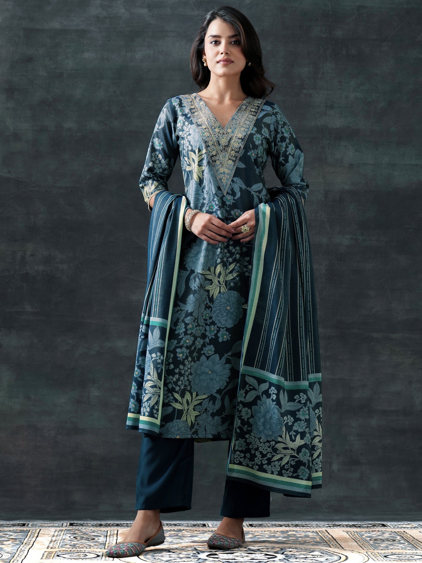 Blue Printed Silk Blend Straight Suit Set With Dupatta