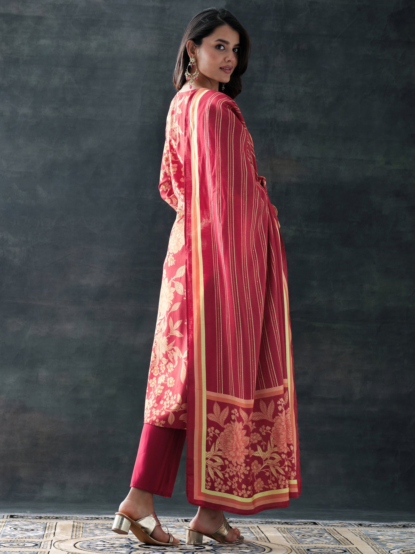 Maroon Printed Silk Blend Straight Suit Set With Dupatta