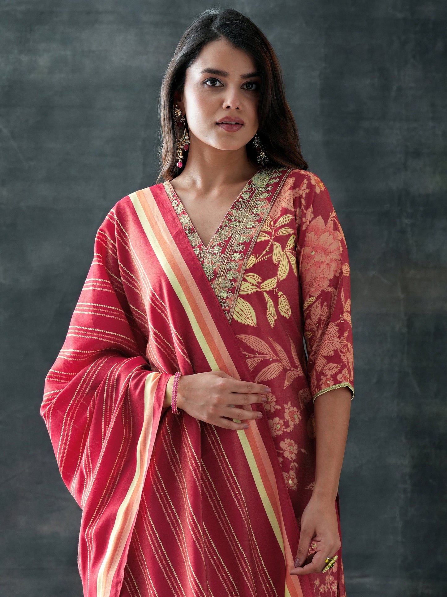 Maroon Printed Silk Blend Straight Suit Set With Dupatta
