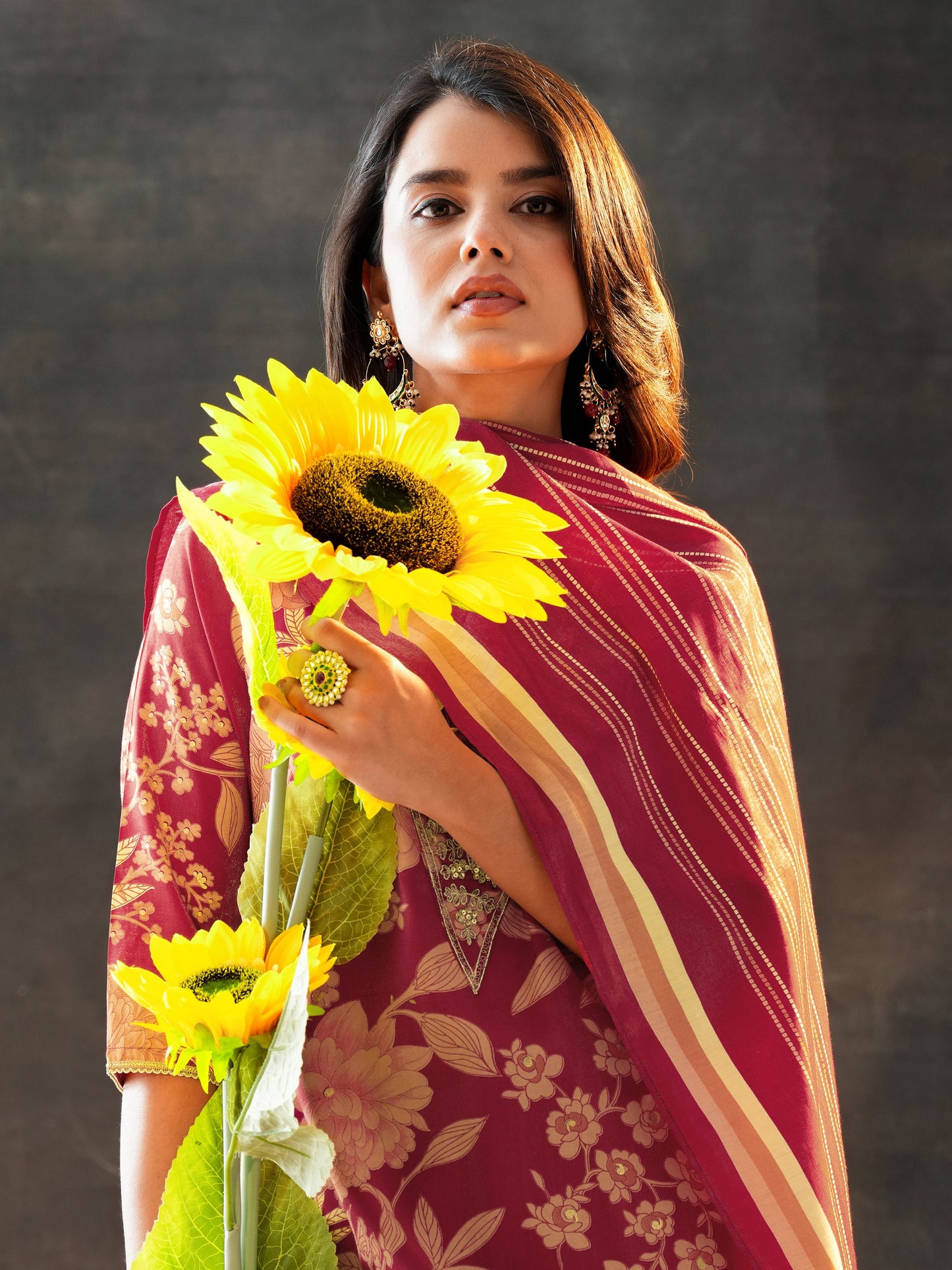 Maroon Printed Silk Blend Straight Suit Set With Dupatta