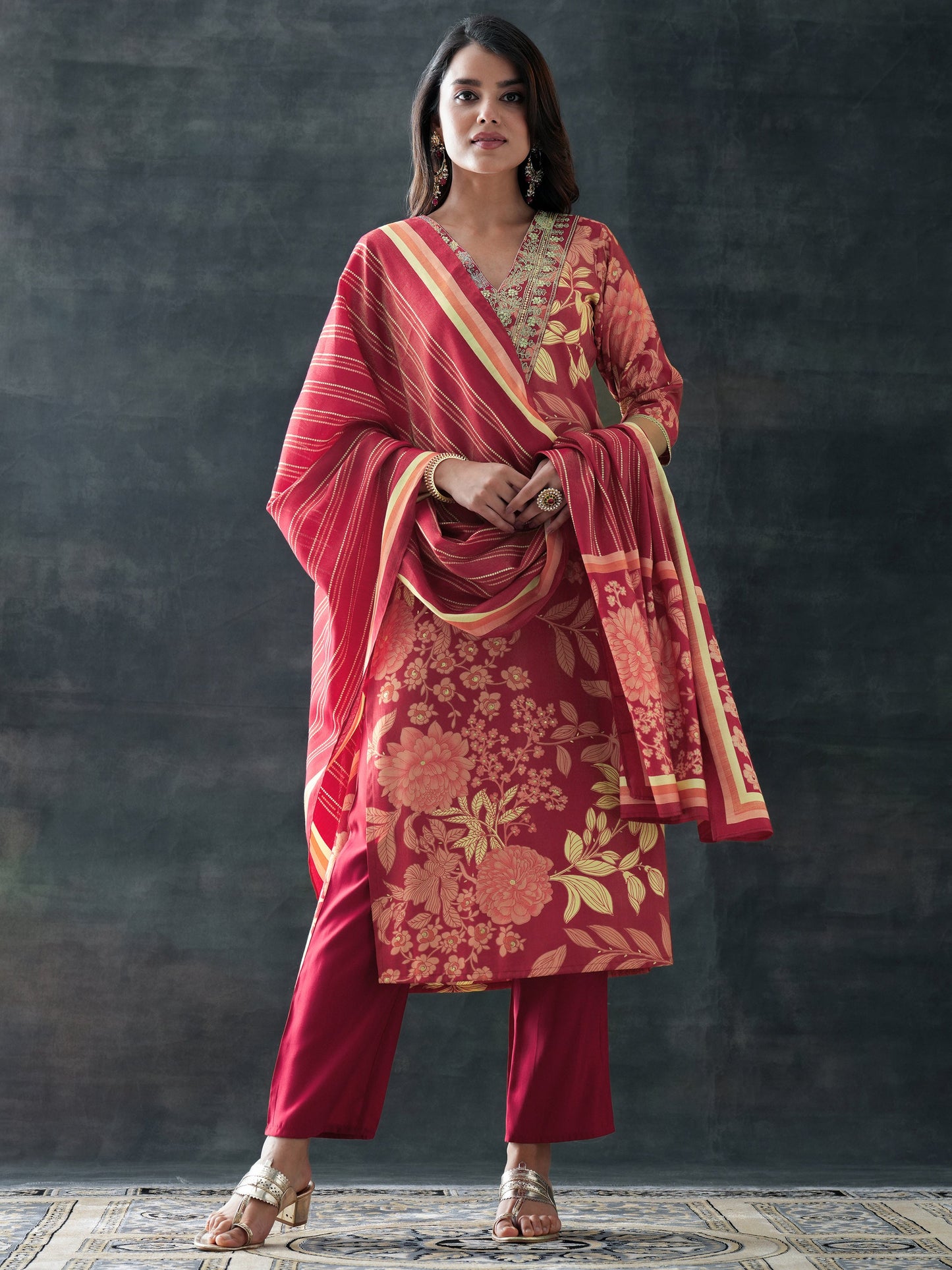 Maroon Printed Silk Blend Straight Suit Set With Dupatta