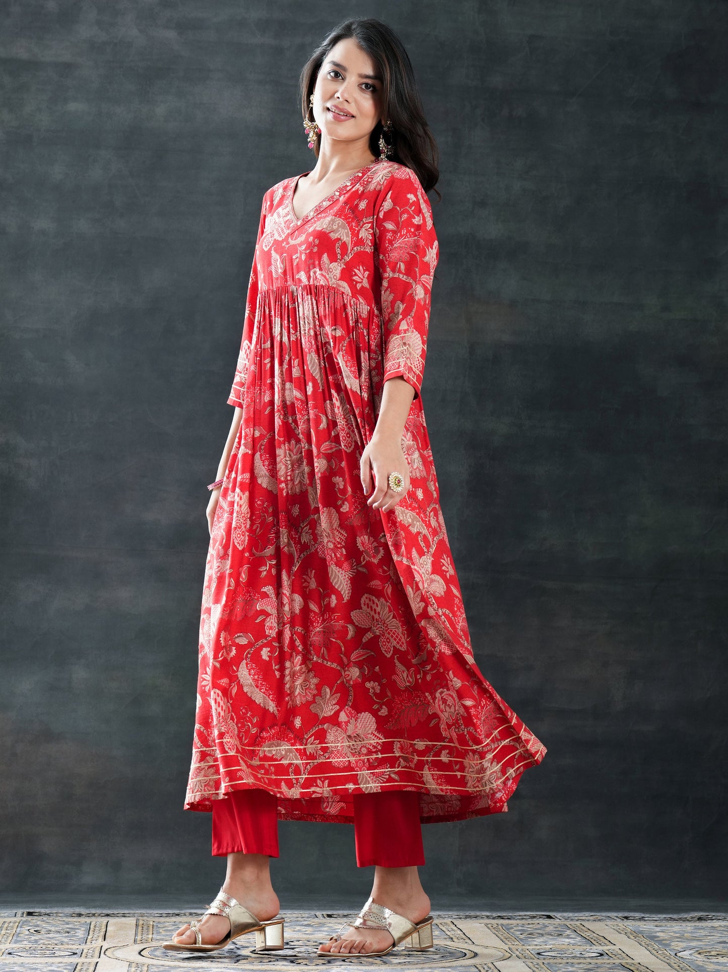 Red Printed Silk Blend Anarkali Suit Set With Dupatta