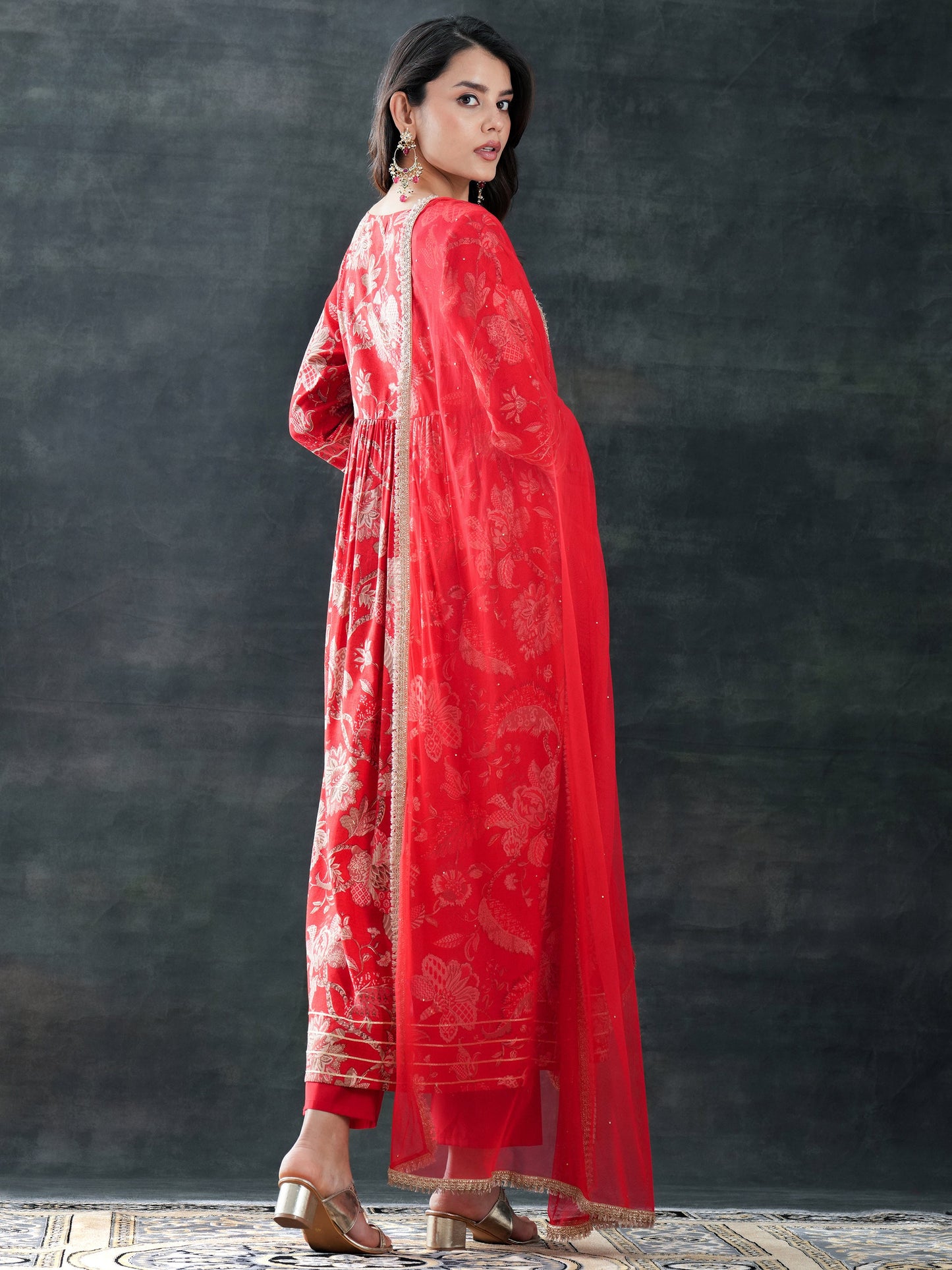 Red Printed Silk Blend Anarkali Suit Set With Dupatta