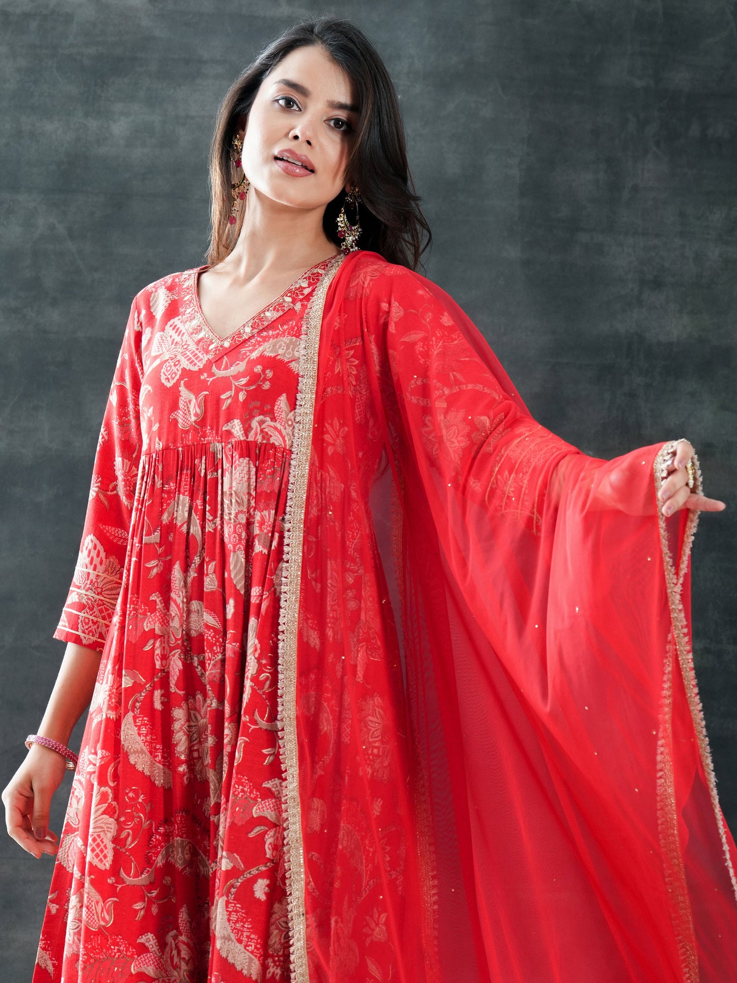 Red Printed Silk Blend Anarkali Suit Set With Dupatta