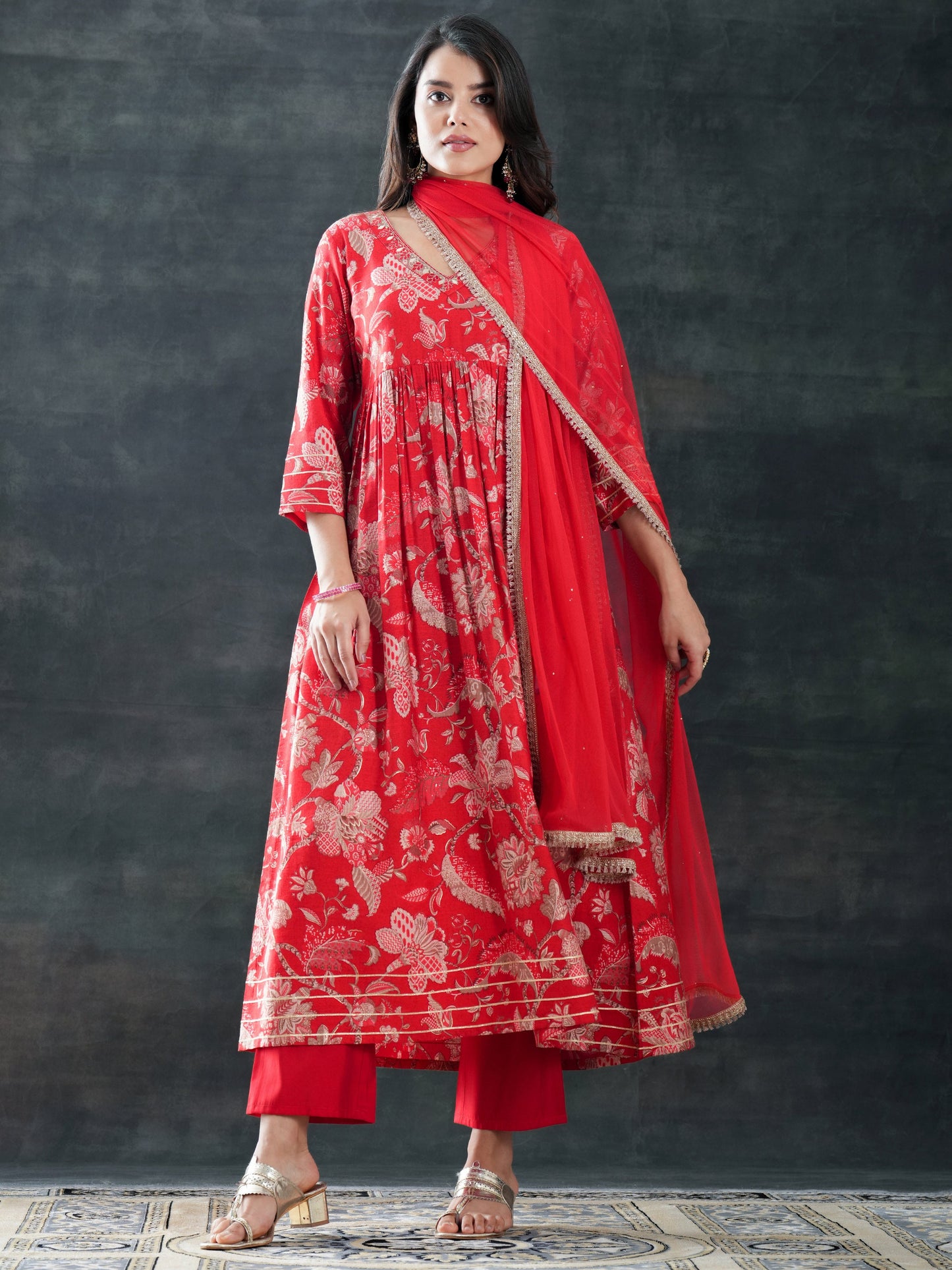 Red Printed Silk Blend Anarkali Suit Set With Dupatta