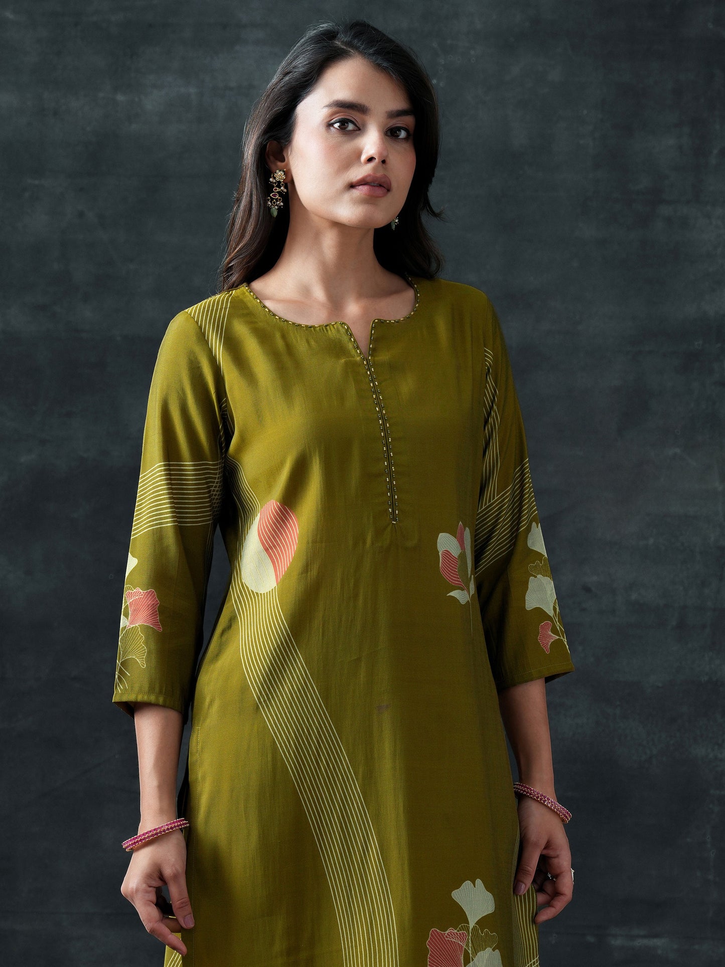 Green Printed Silk Blend Straight Suit Set With Dupatta