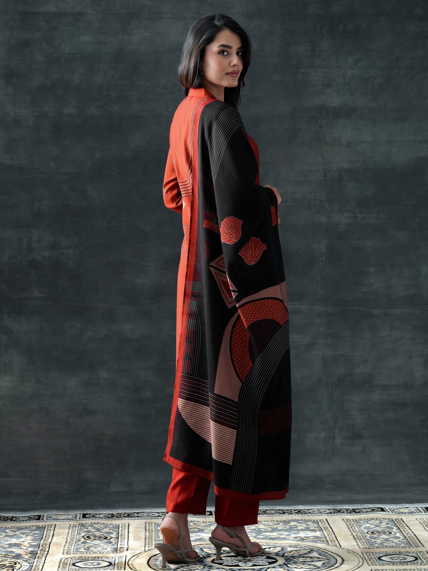 Rust Printed Silk Blend Straight Suit Set With Dupatta