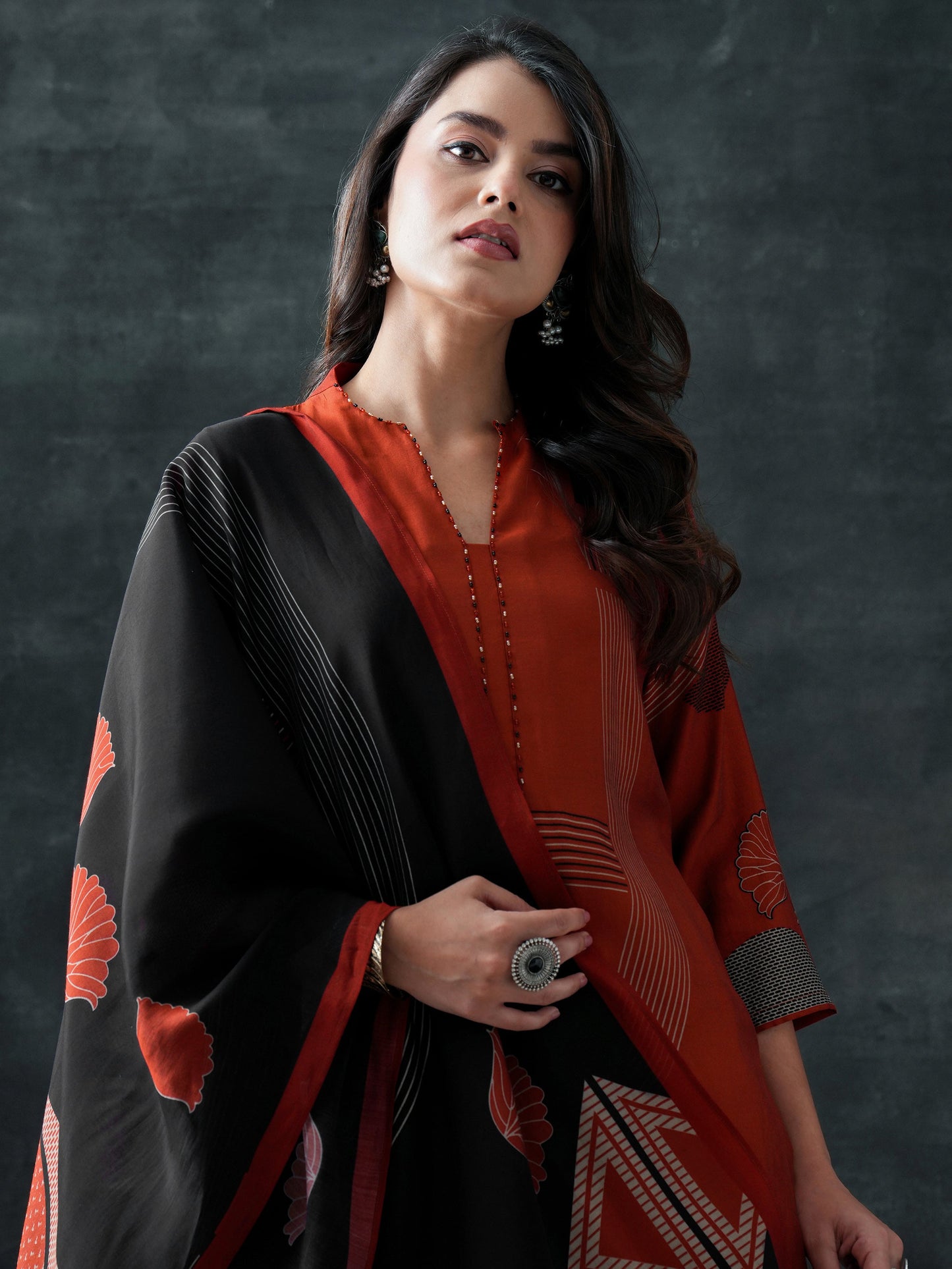 Rust Printed Silk Blend Straight Suit Set With Dupatta