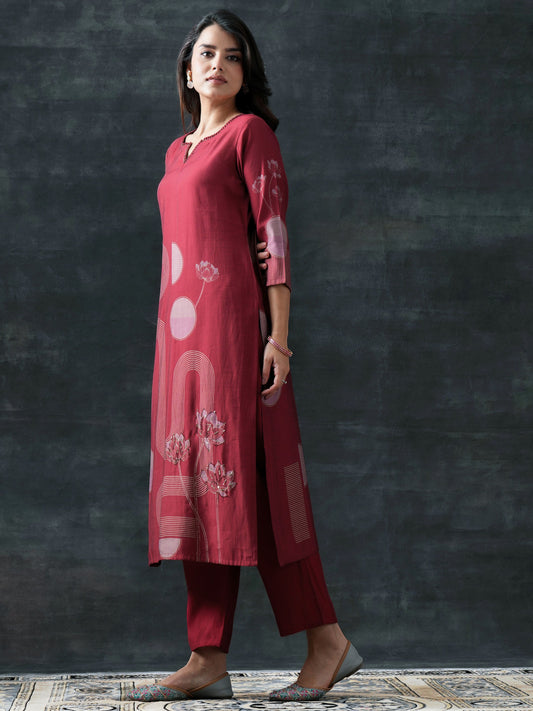 Maroon Printed Silk Blend Straight Suit Set With Dupatta