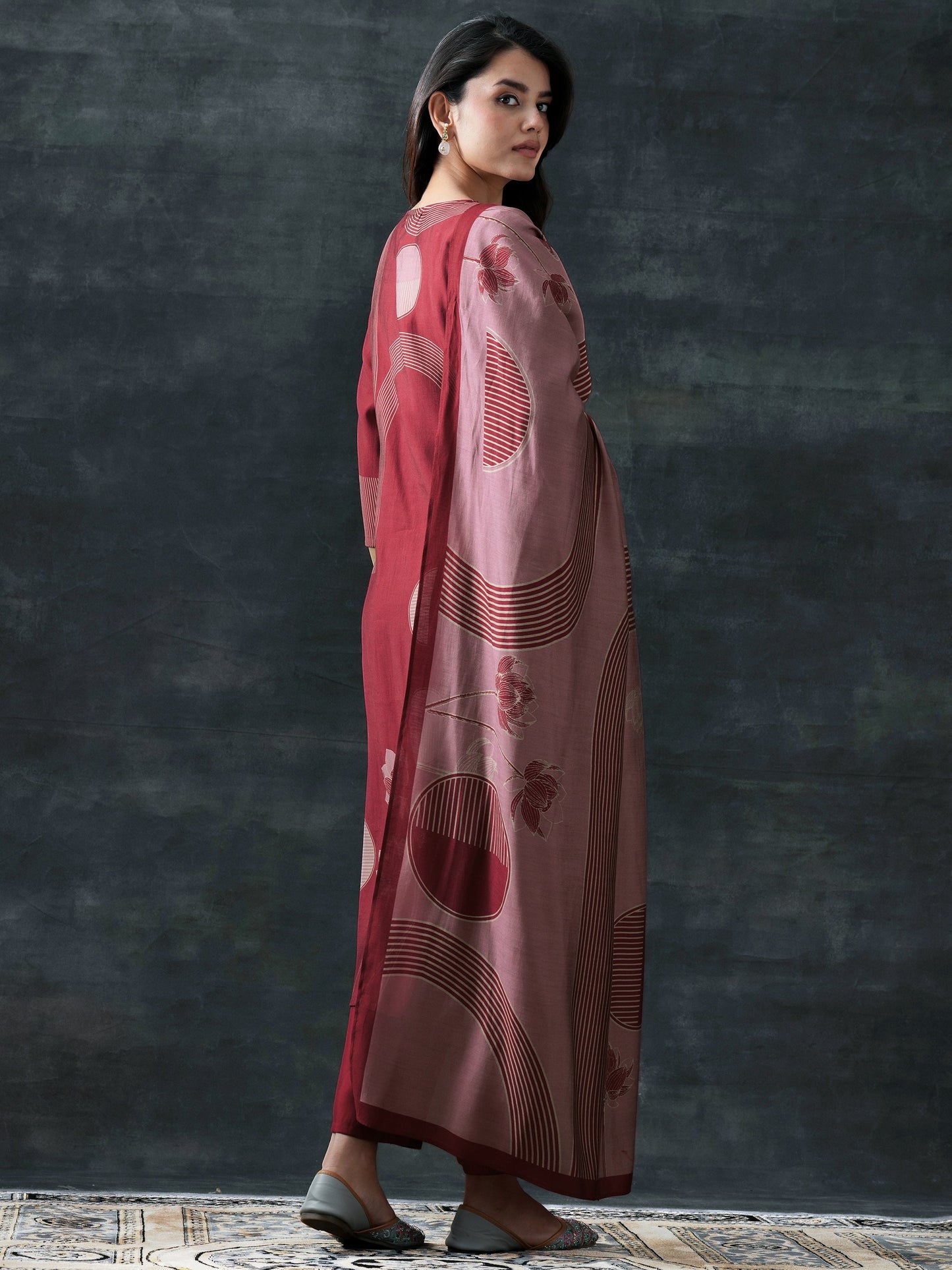Maroon Printed Silk Blend Straight Suit Set With Dupatta