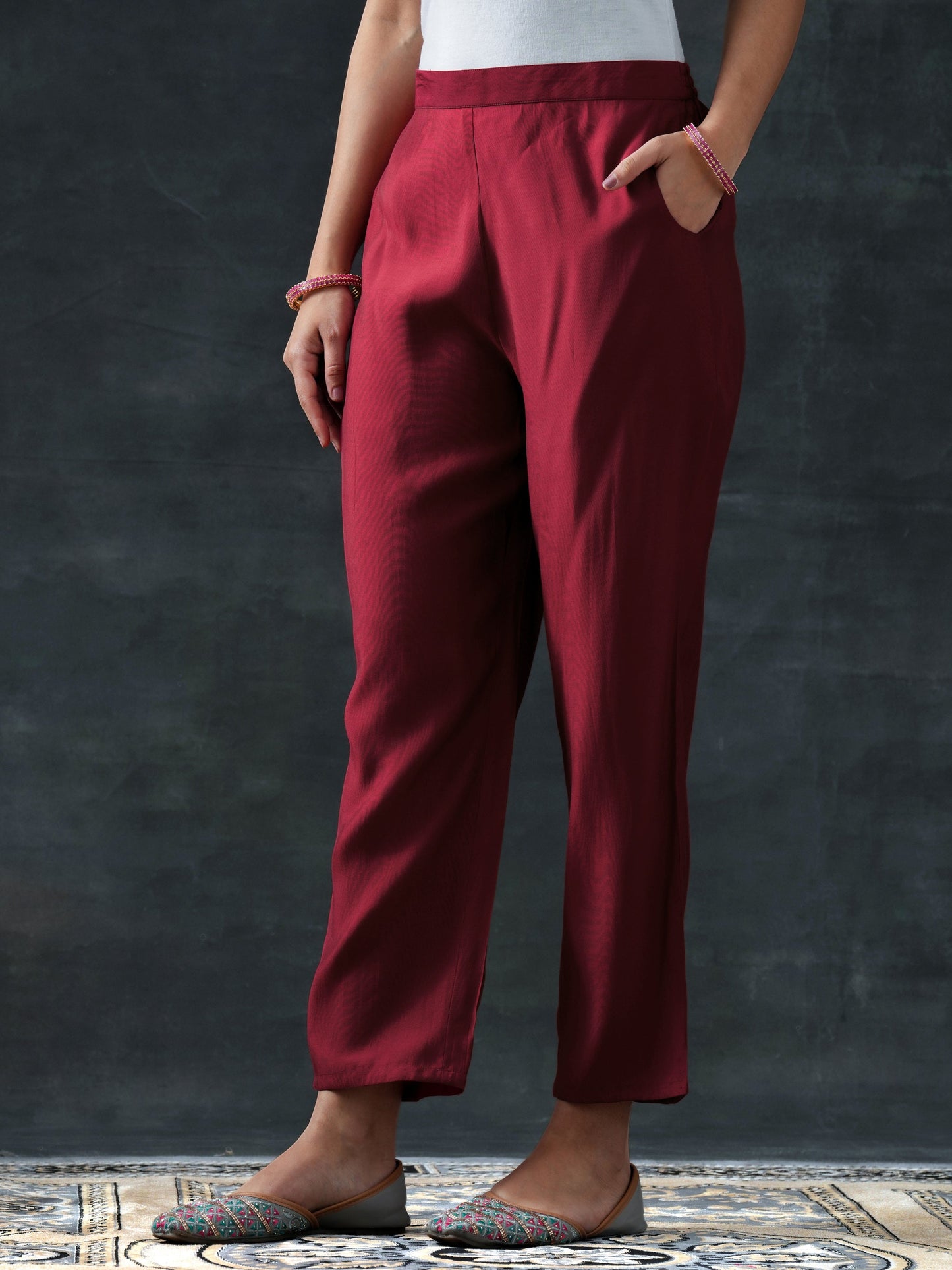 Maroon Printed Silk Blend Straight Suit Set With Dupatta