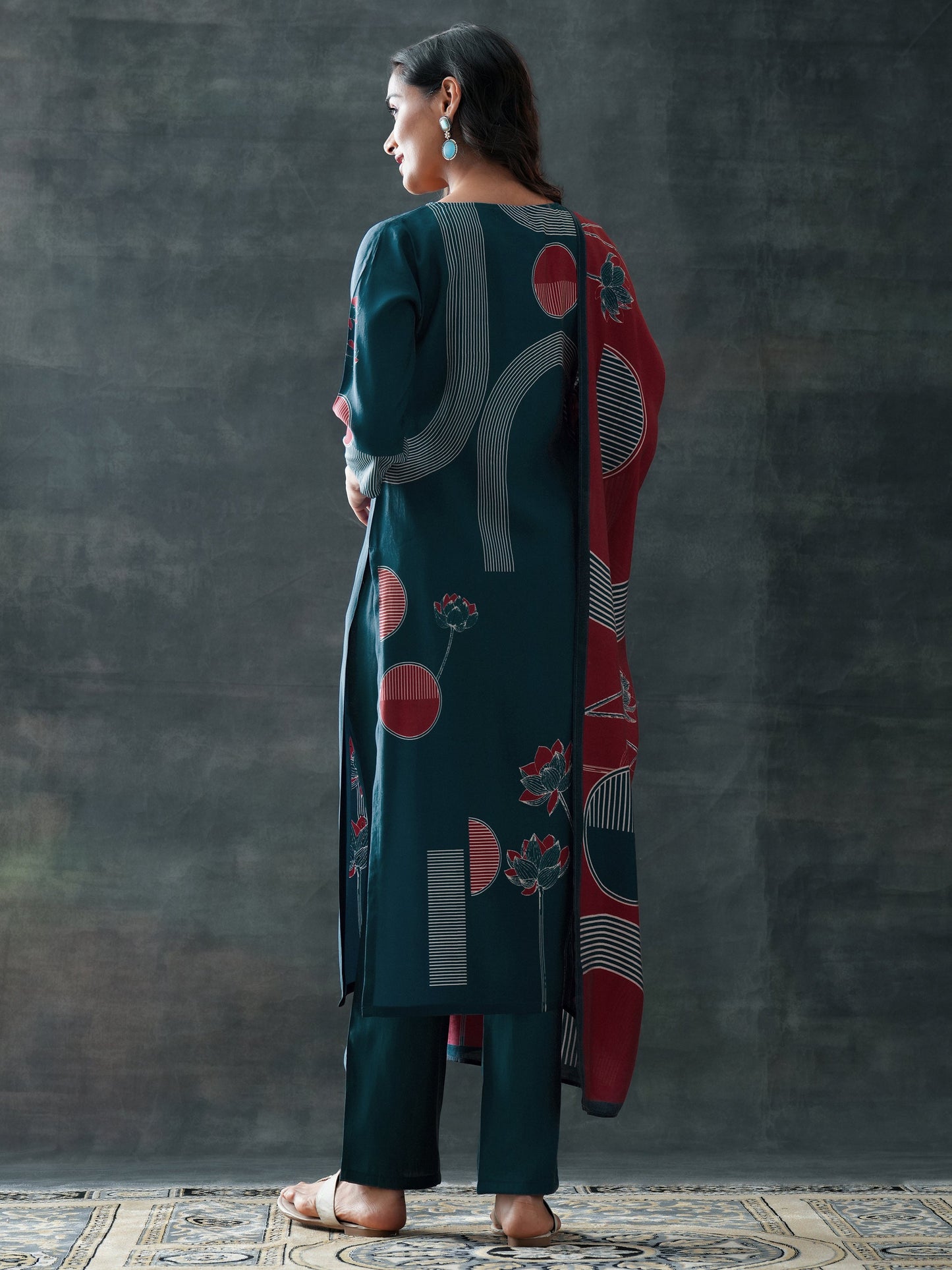 Blue Printed Silk Blend Straight Suit Set With Dupatta