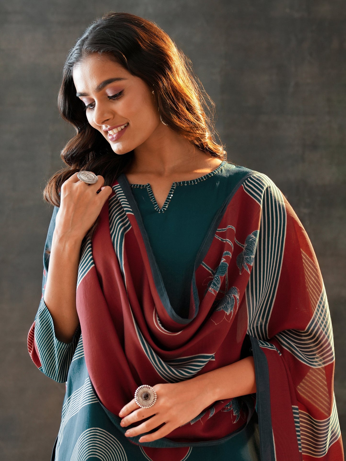 Blue Printed Silk Blend Straight Suit Set With Dupatta