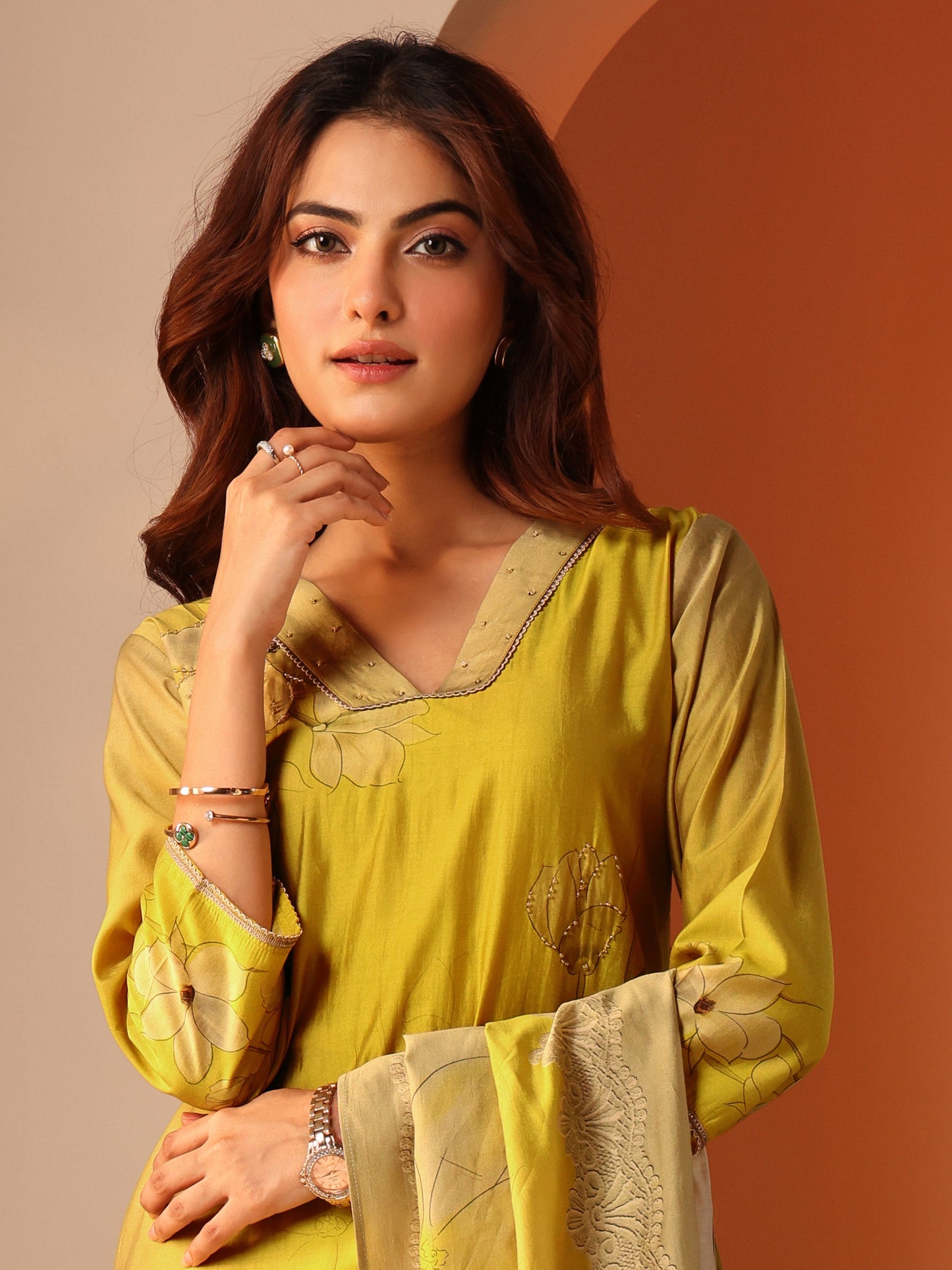 Yellow Printed Silk Blend Straight Suit Set With Dupatta