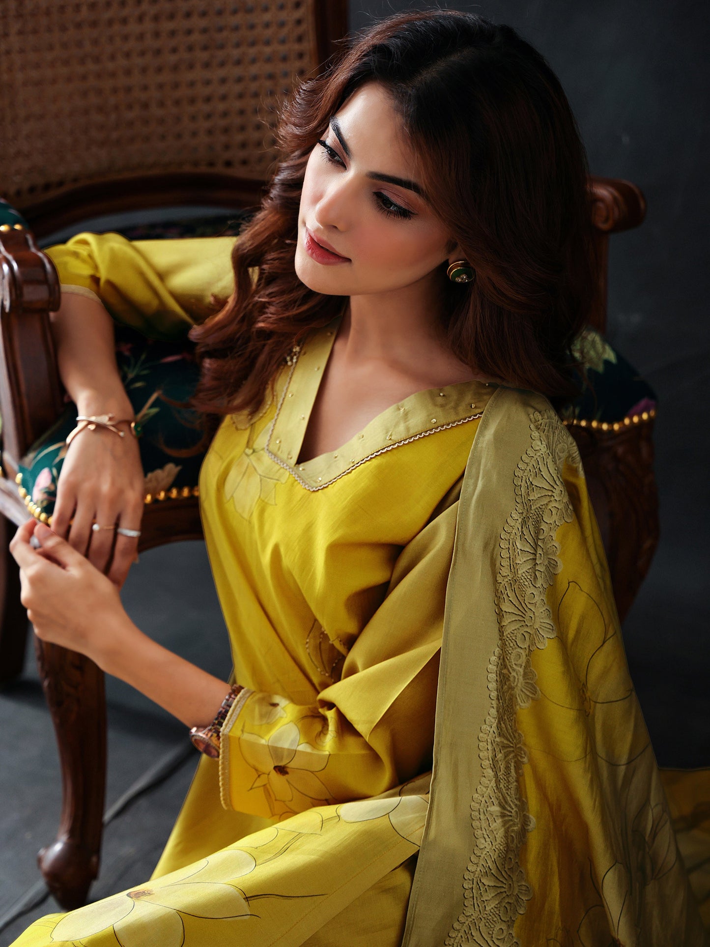 Yellow Printed Silk Blend Straight Suit Set With Dupatta