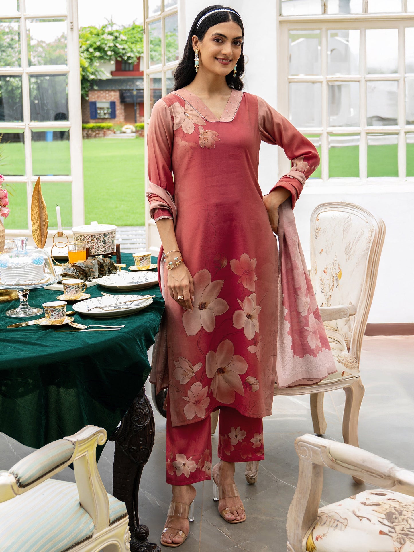 Peach Printed Silk Blend Straight Suit Set With Dupatta