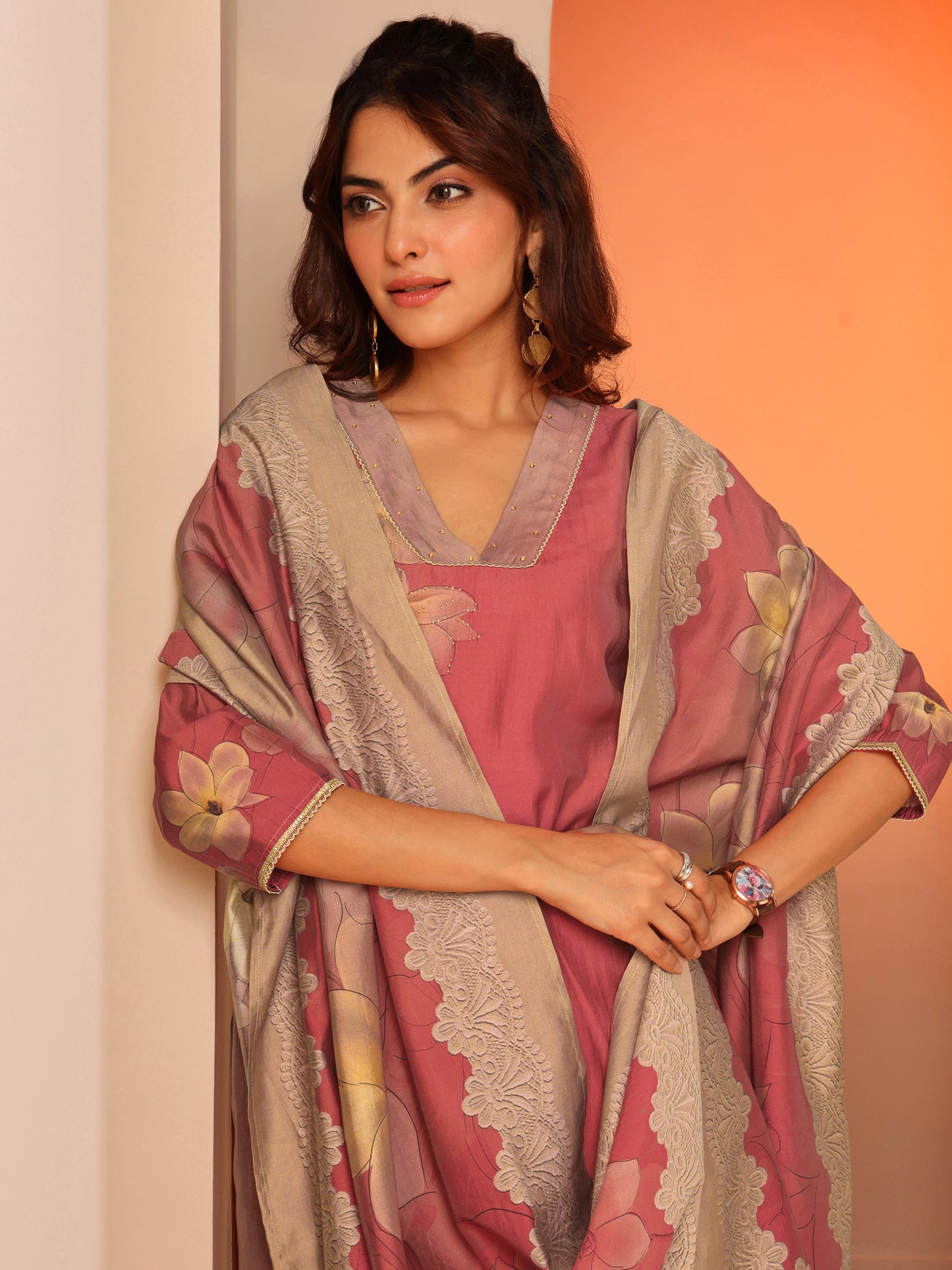 Peach Printed Silk Blend Straight Suit Set With Dupatta