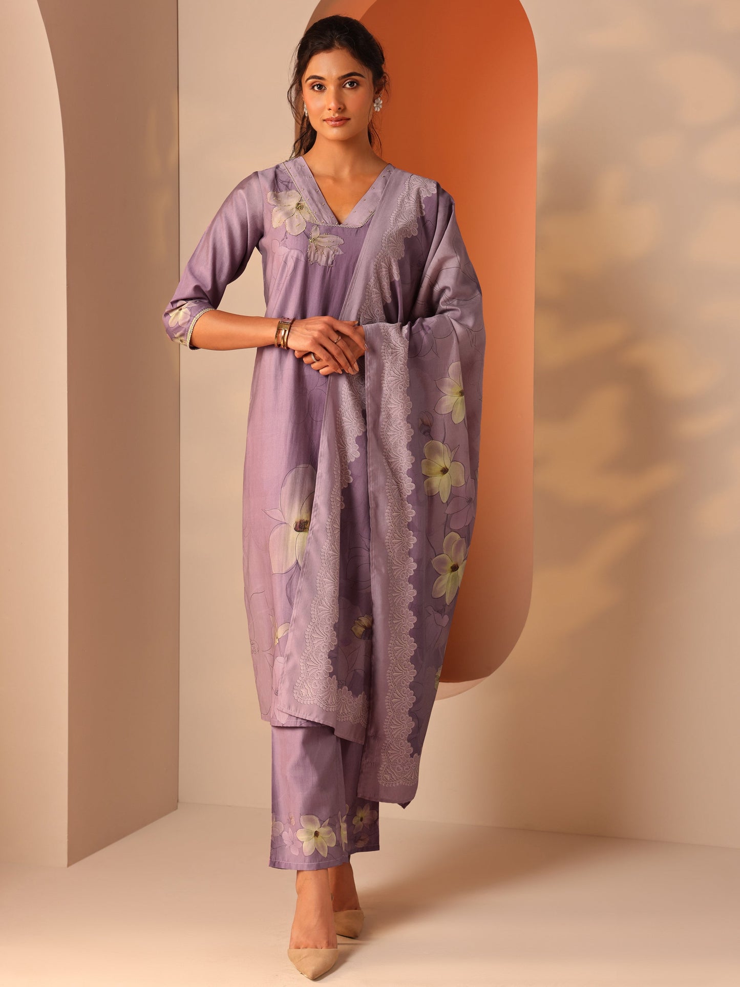Lavender Printed Silk Blend Straight Suit Set With Dupatta