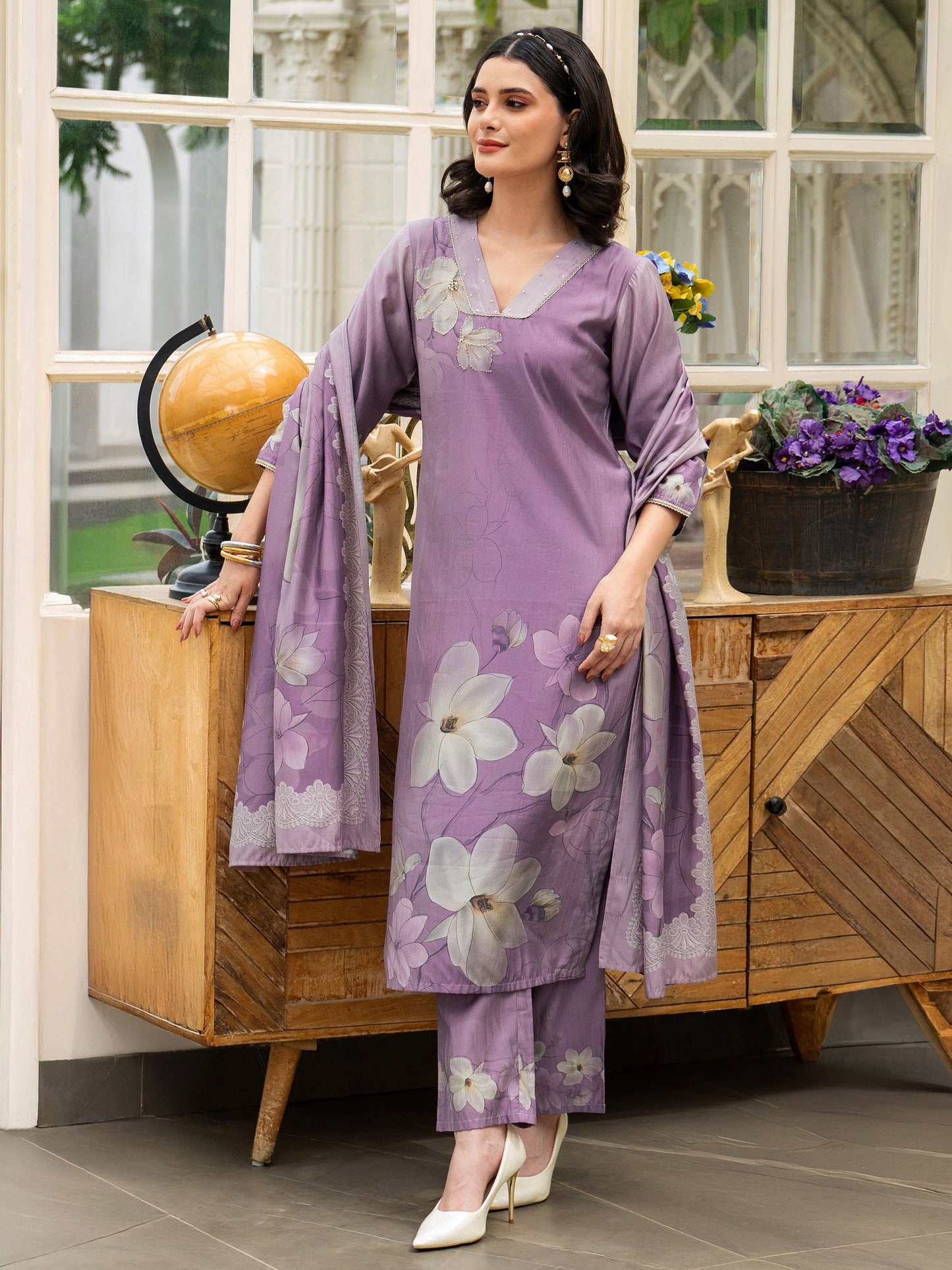 Lavender Printed Silk Blend Straight Suit Set With Dupatta