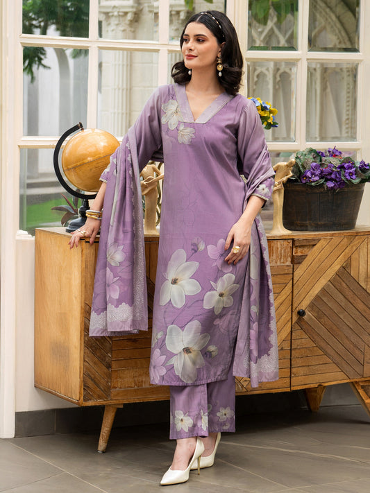 Lavender Printed Silk Blend Straight Suit Set With Dupatta