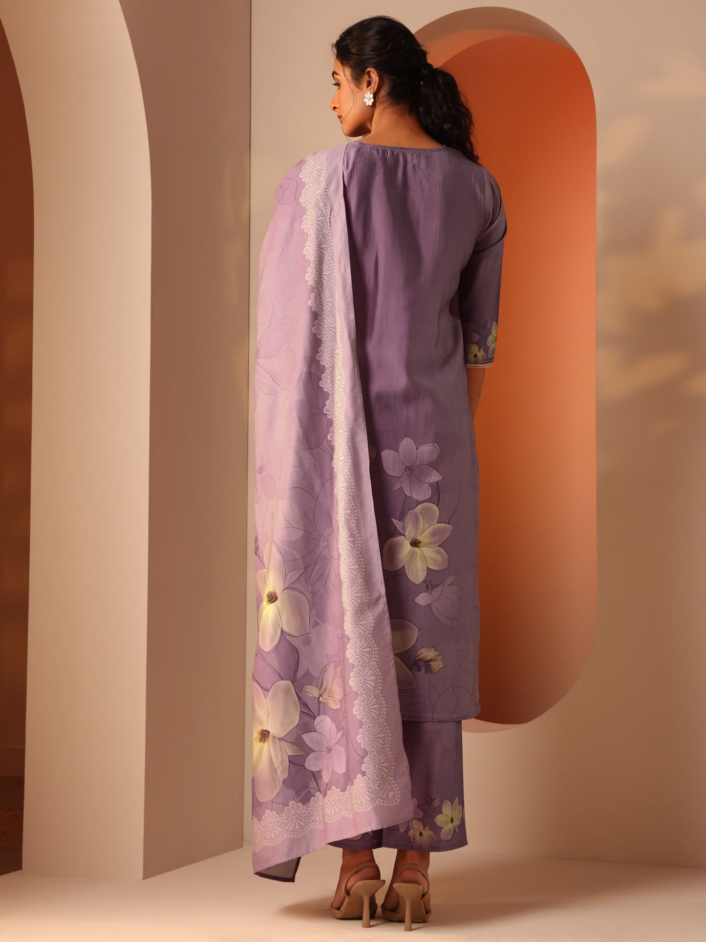 Lavender Printed Silk Blend Straight Suit Set With Dupatta