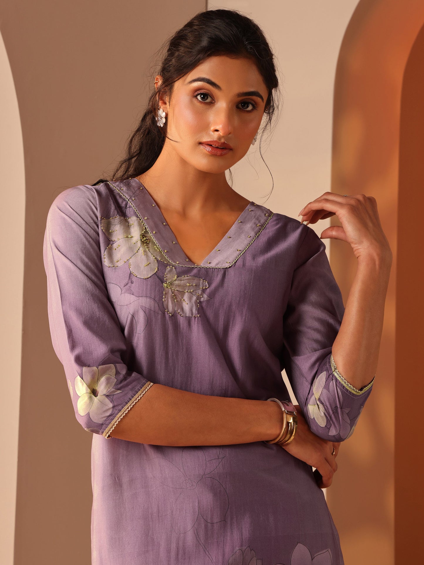 Lavender Printed Silk Blend Straight Suit Set With Dupatta